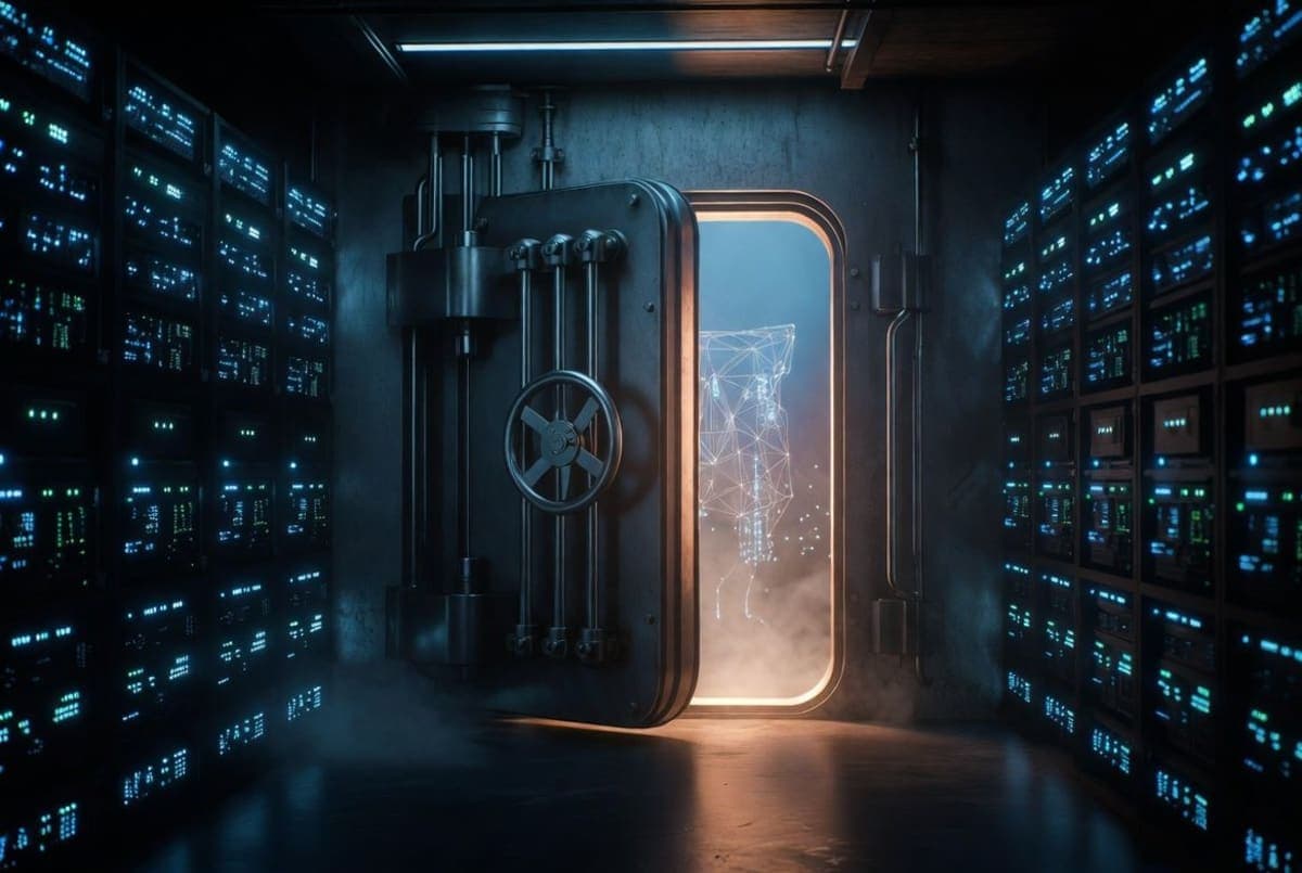 Dim server room with one partially open vault door leaking blue light, symbolizing restricted AI model access that has been compromised