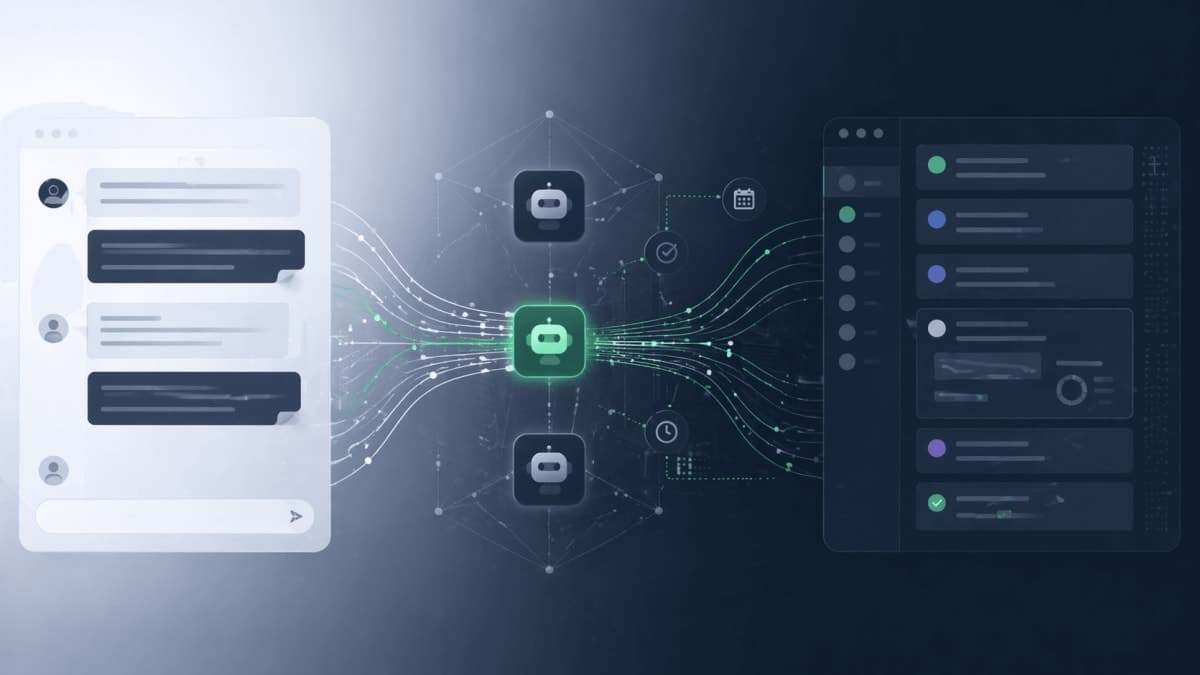 Abstract illustration of automated AI agent workflows connecting a chat interface with team collaboration channels
