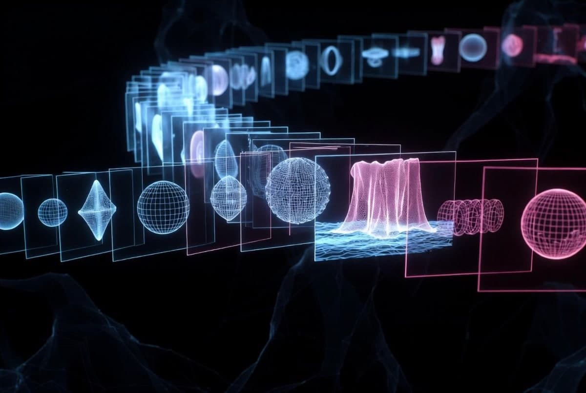 Abstract visualization of a real-time AI world simulation with physics particles and generated frames