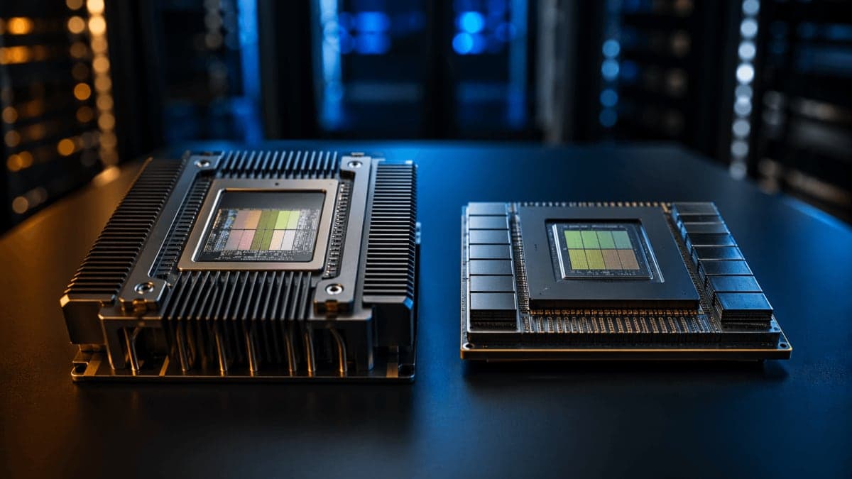 Two distinct AI accelerator chips photographed on a dark matte surface with blue and amber industrial lighting