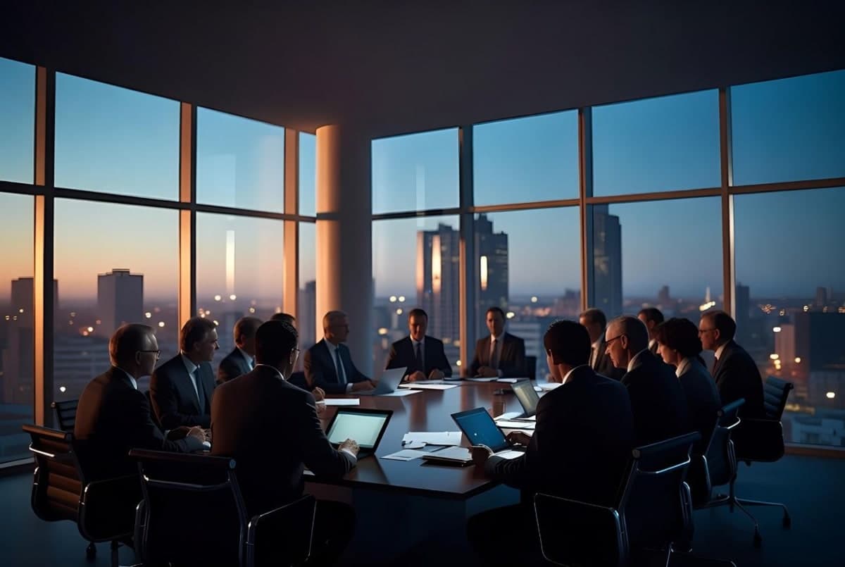 Glass corporate boardroom at dusk with two groups of executives meeting across a polished conference table