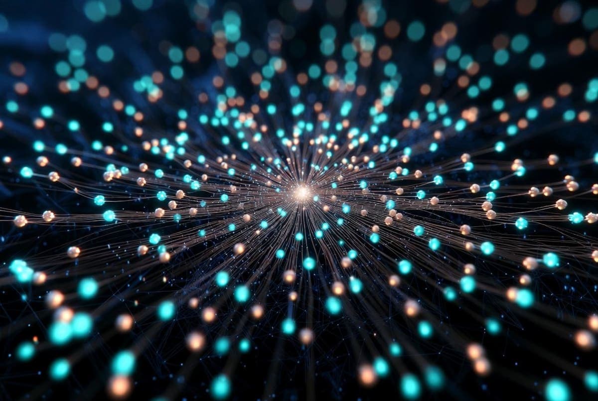 Abstract network of glowing nodes representing a coordinated swarm of AI sub-agents connected to a central hub