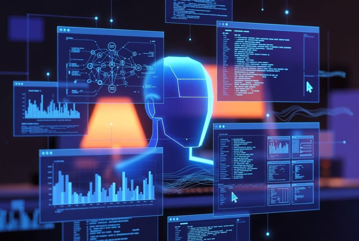 Abstract editorial illustration of a digital agent working across multiple screens, glowing lines connecting code and documents