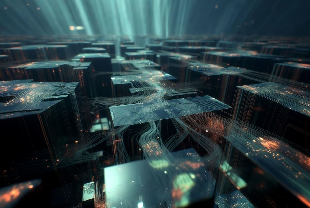 Abstract visualization of deep neural network layers extending into a long corridor of data, representing a million-token context window