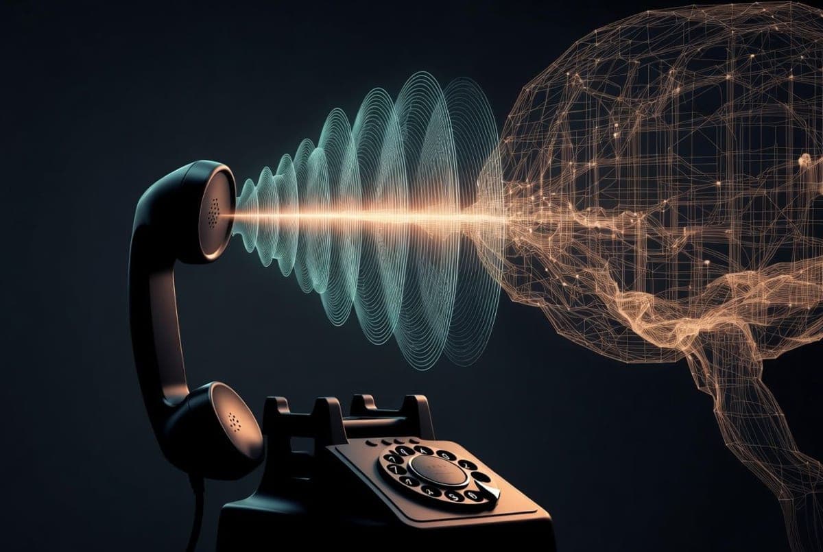 Abstract visualization of soundwaves and voice interface connecting to a customer support headset