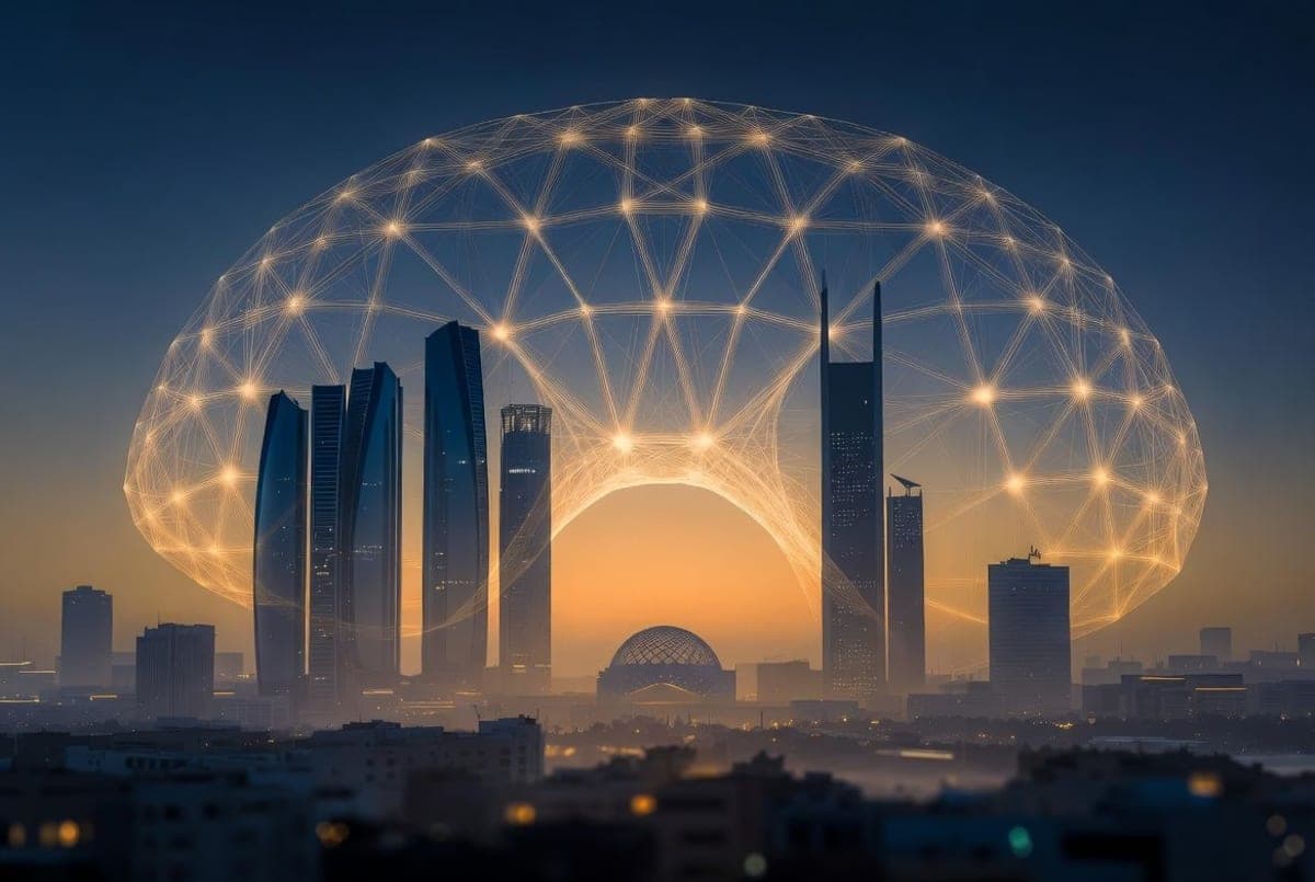 Abu Dhabi skyline at dusk with a faint neural-network pattern layered over government buildings