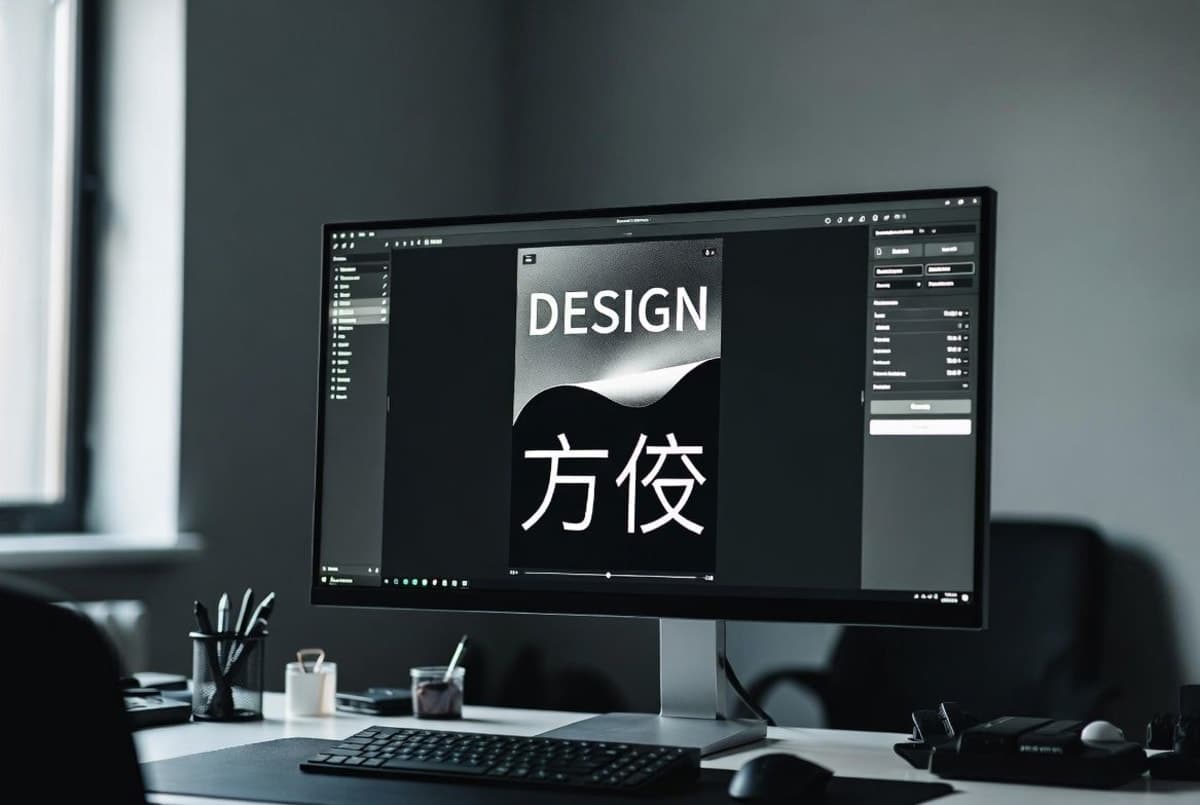 A laptop screen displaying a generative AI image tool interface with rendered poster typography in Chinese and English