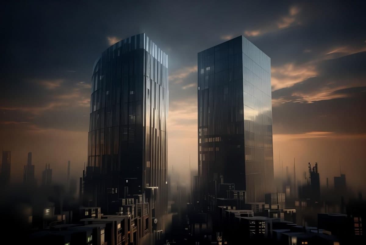 Two glass corporate towers reflecting each other against a sunset sky with data center silhouettes at ground level