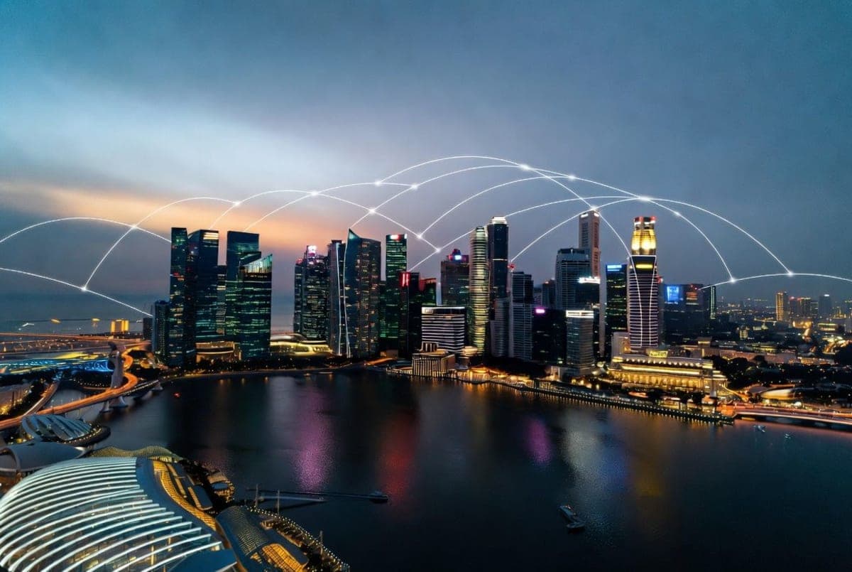 Singapore Marina Bay skyline at dusk with office towers and the central business district reflected in the water