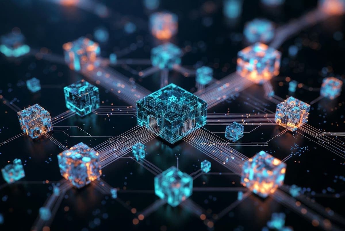 Abstract visualization of multiple AI model nodes connected through a central orchestration hub