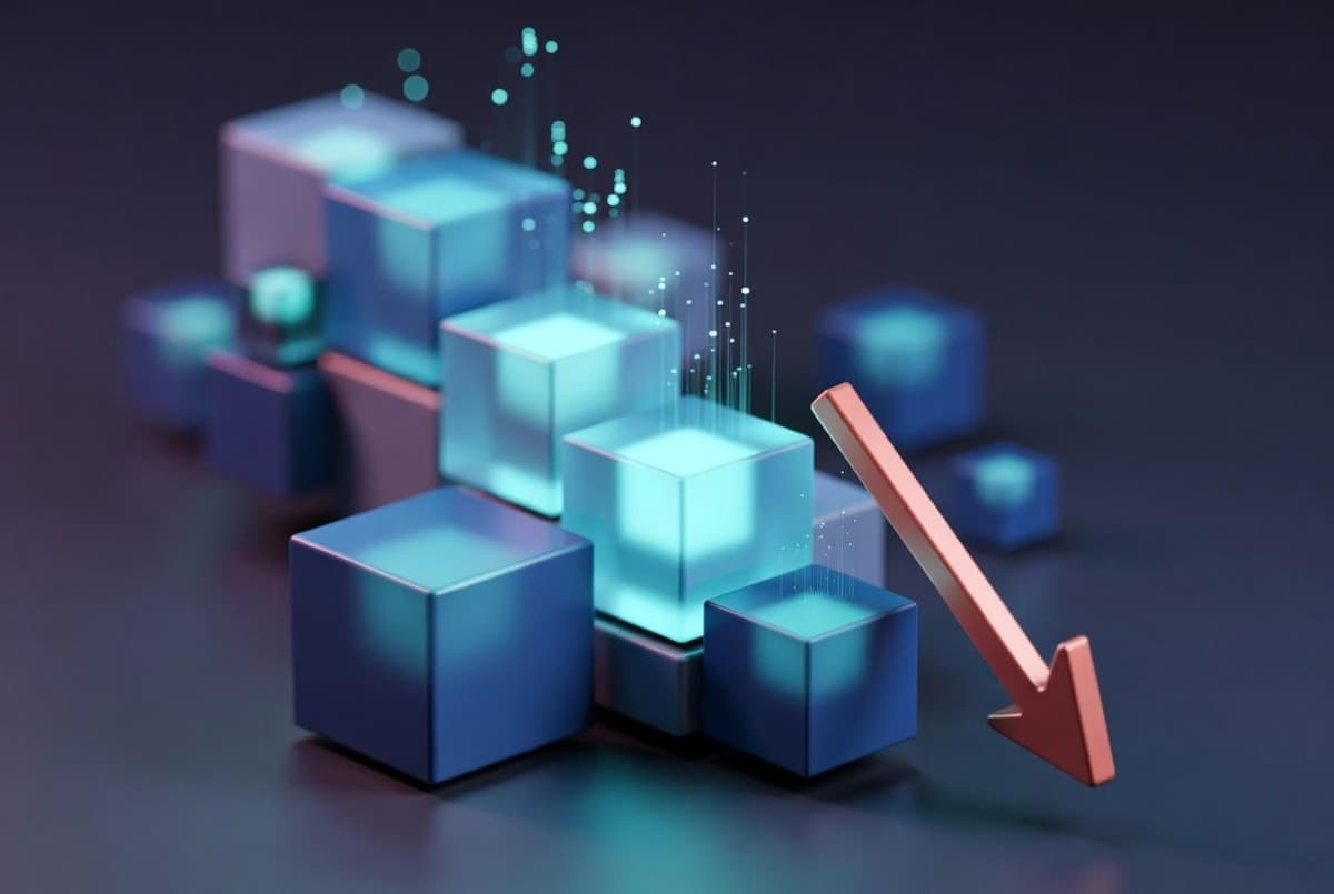 Stack of glowing translucent data cubes in cool blue tones with a downward-pointing red arrow representing reduced API caching costs