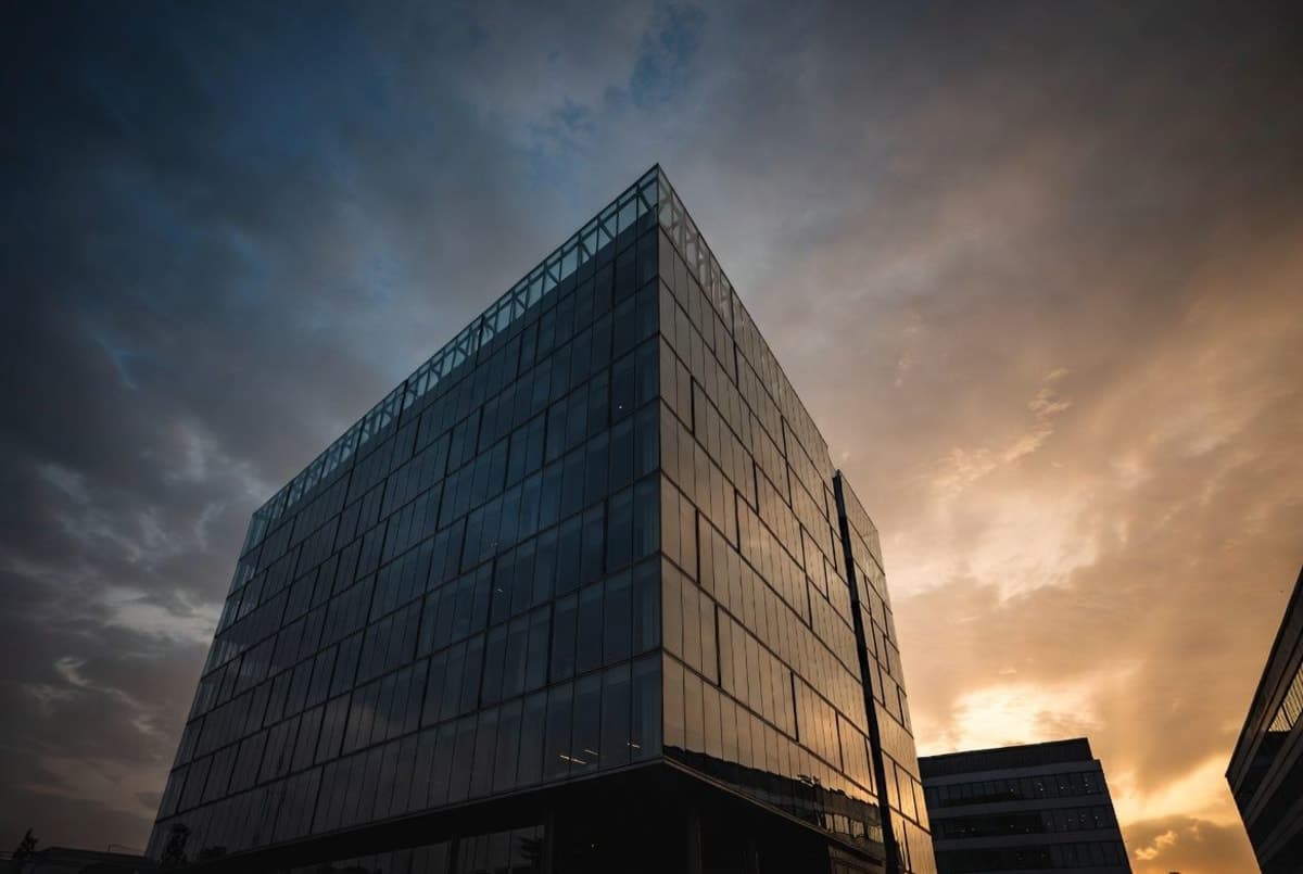 OpenAI corporate office building exterior at dusk with reflective glass facade