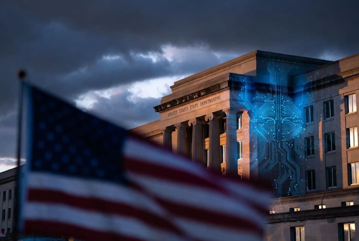 Exterior of the United States State Department building at dusk, evoking diplomatic tensions over AI policy.