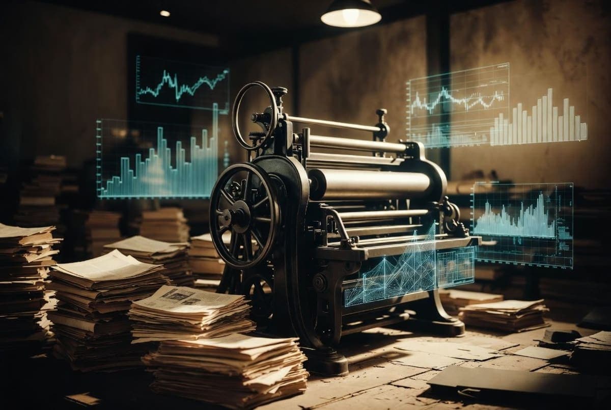 Stack of antique books and newspapers from the early 20th century arranged near a glowing computer terminal