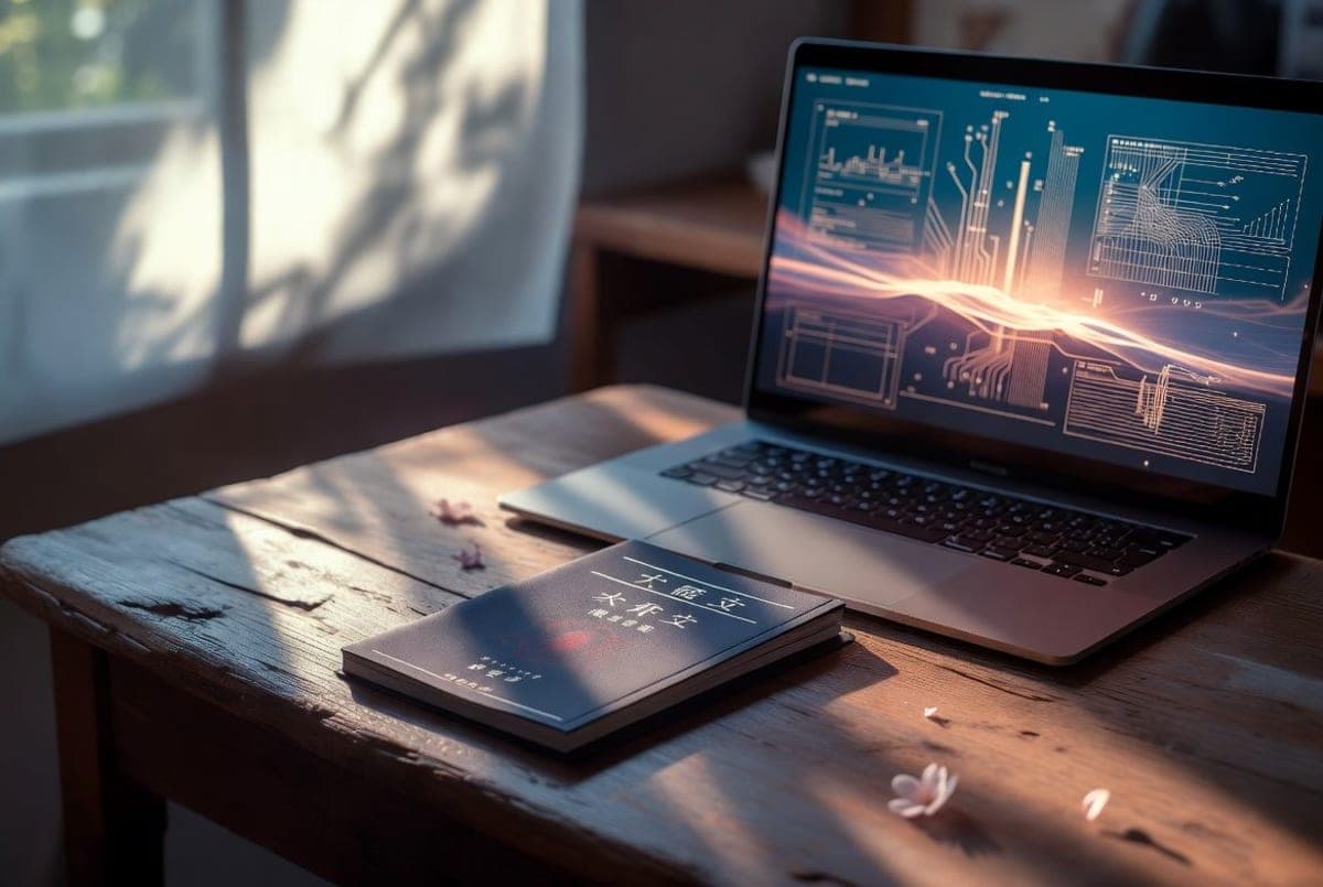 A Japanese university entrance exam paper on a wooden desk next to a glowing laptop screen, with cherry blossom petals scattered around