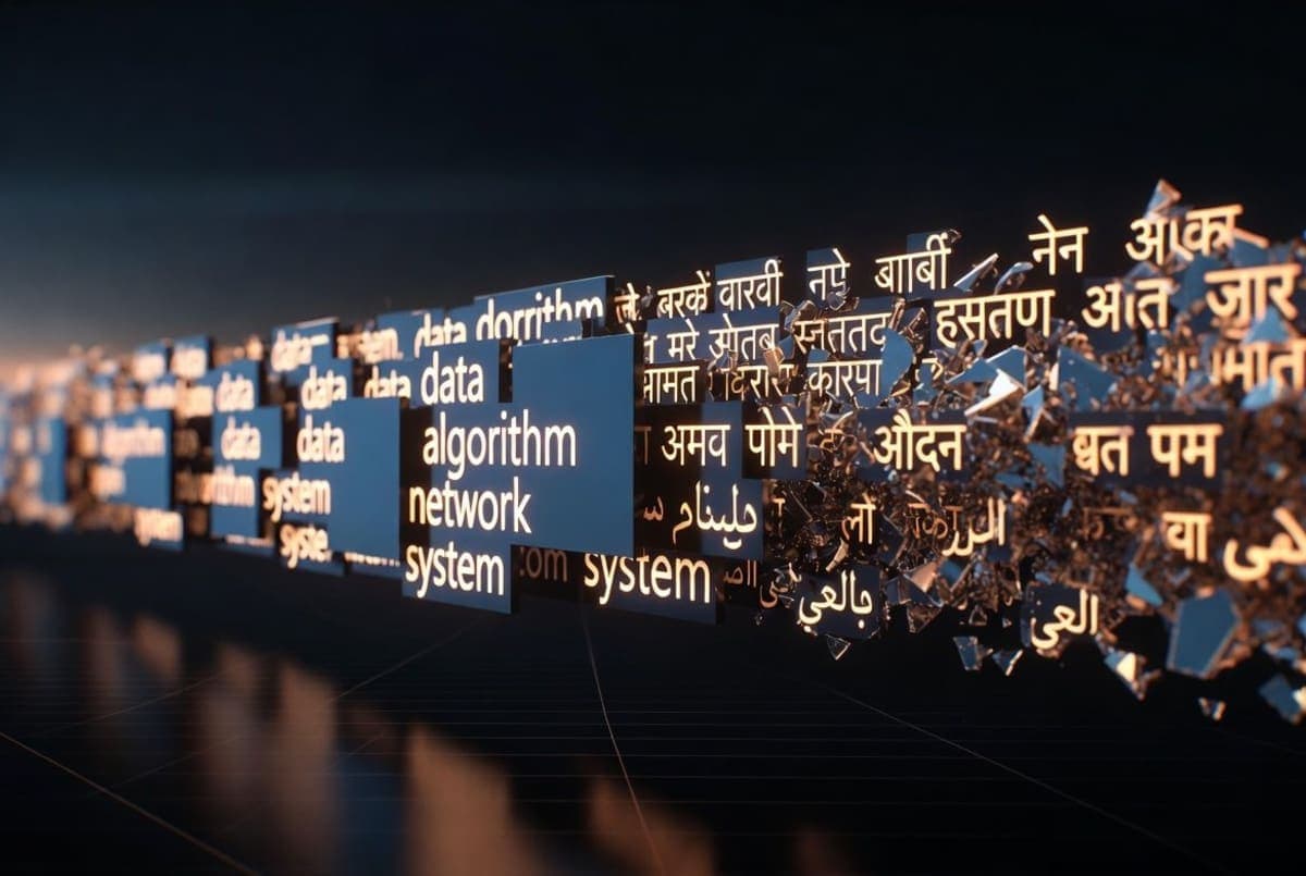 Conceptual visualization of English text breaking into a few large tokens while Hindi and Arabic scripts shatter into many small fragments