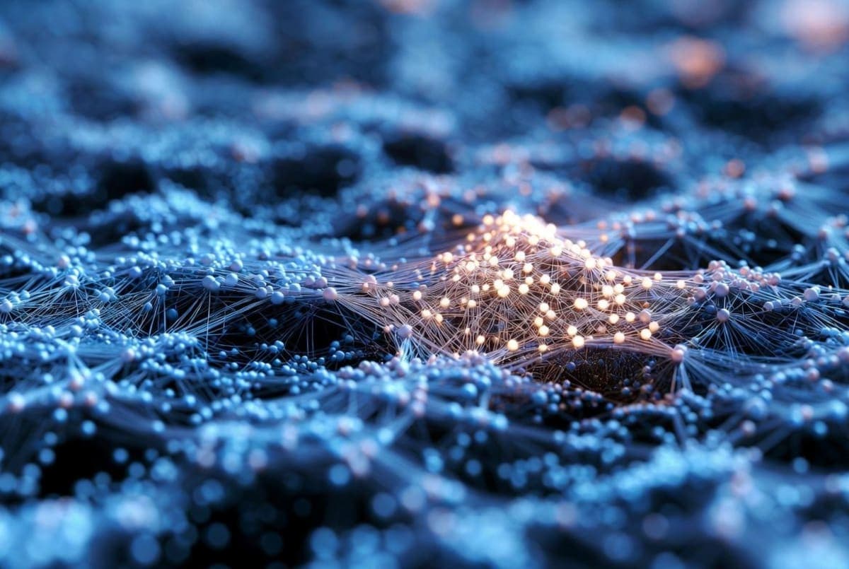 Sparse neural network diagram with a small subset of expert nodes glowing while the rest stay dim, suggesting a mixture-of-experts model activating only a fraction of its parameters.