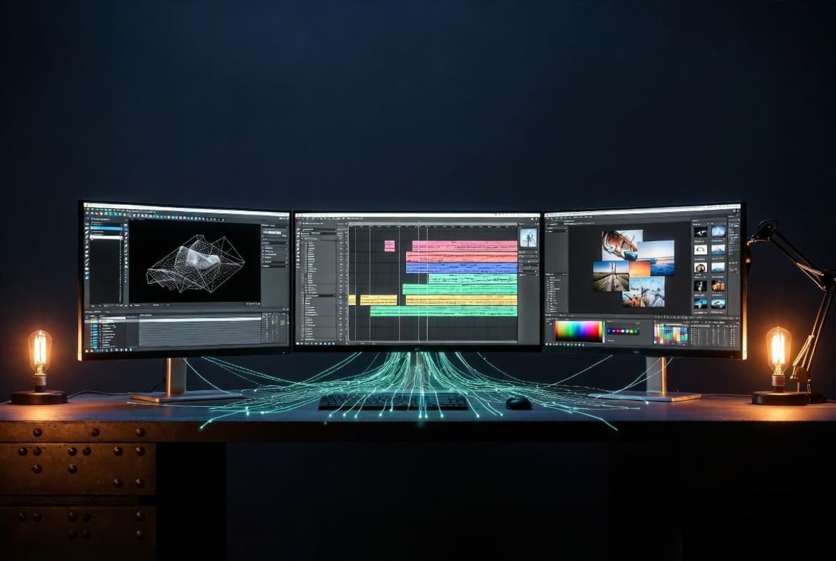 Workstation with multiple creative application windows open and connected by glowing lines representing AI integration