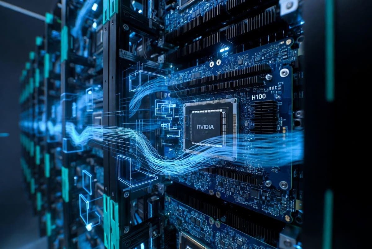 Abstract representation of GPU compute lanes processing tensor data through Hopper architecture, with glowing data flow lines weaving between server-rack chips