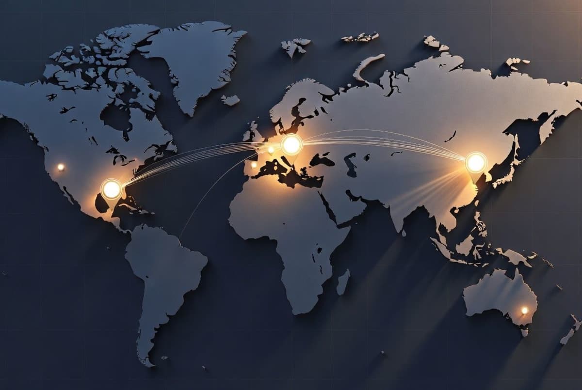 Stylized world map with glowing nodes connecting AI hubs across the US, China, and France