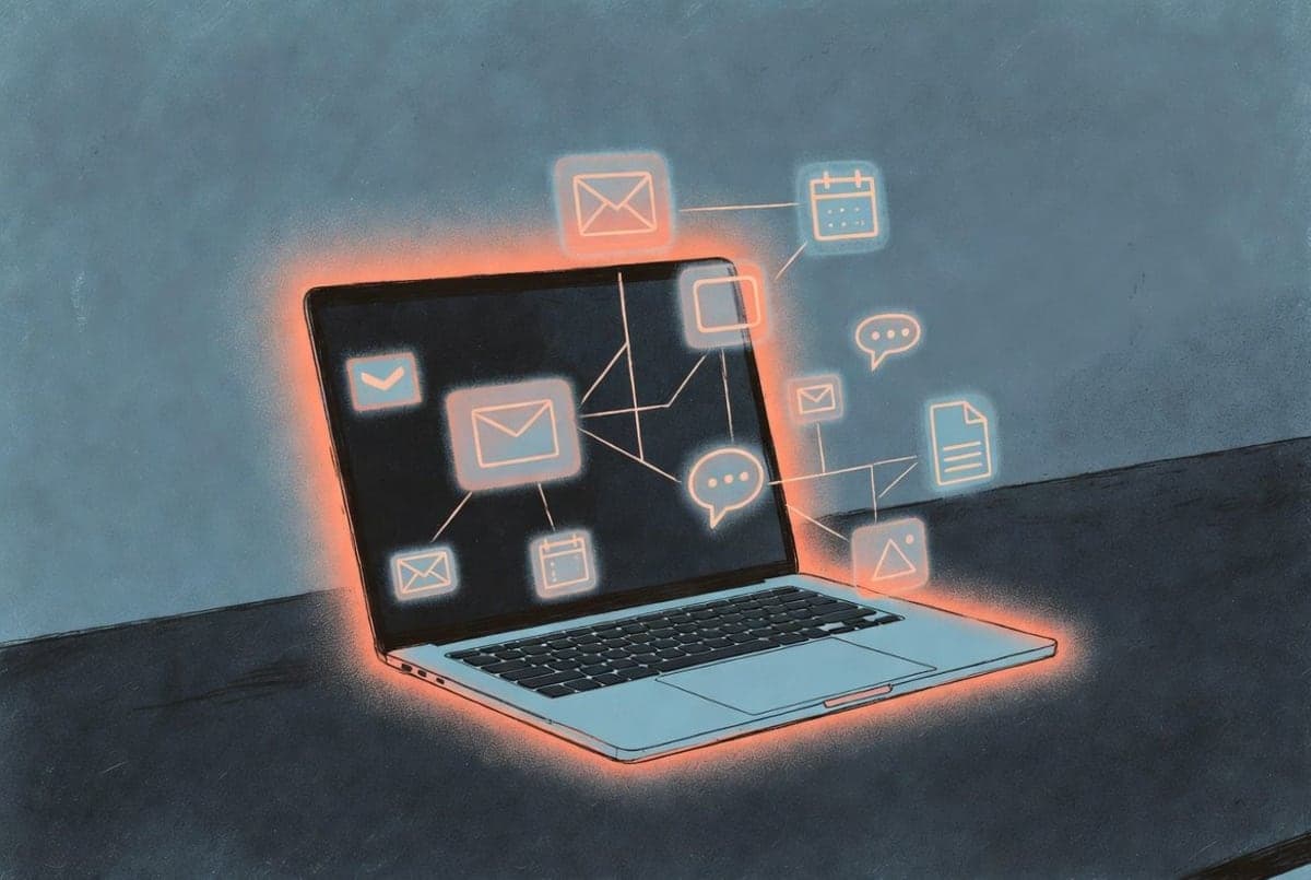A laptop screen showing multiple connected work applications with an ambient AI agent indicator, suggesting an always-on desktop AI assistant