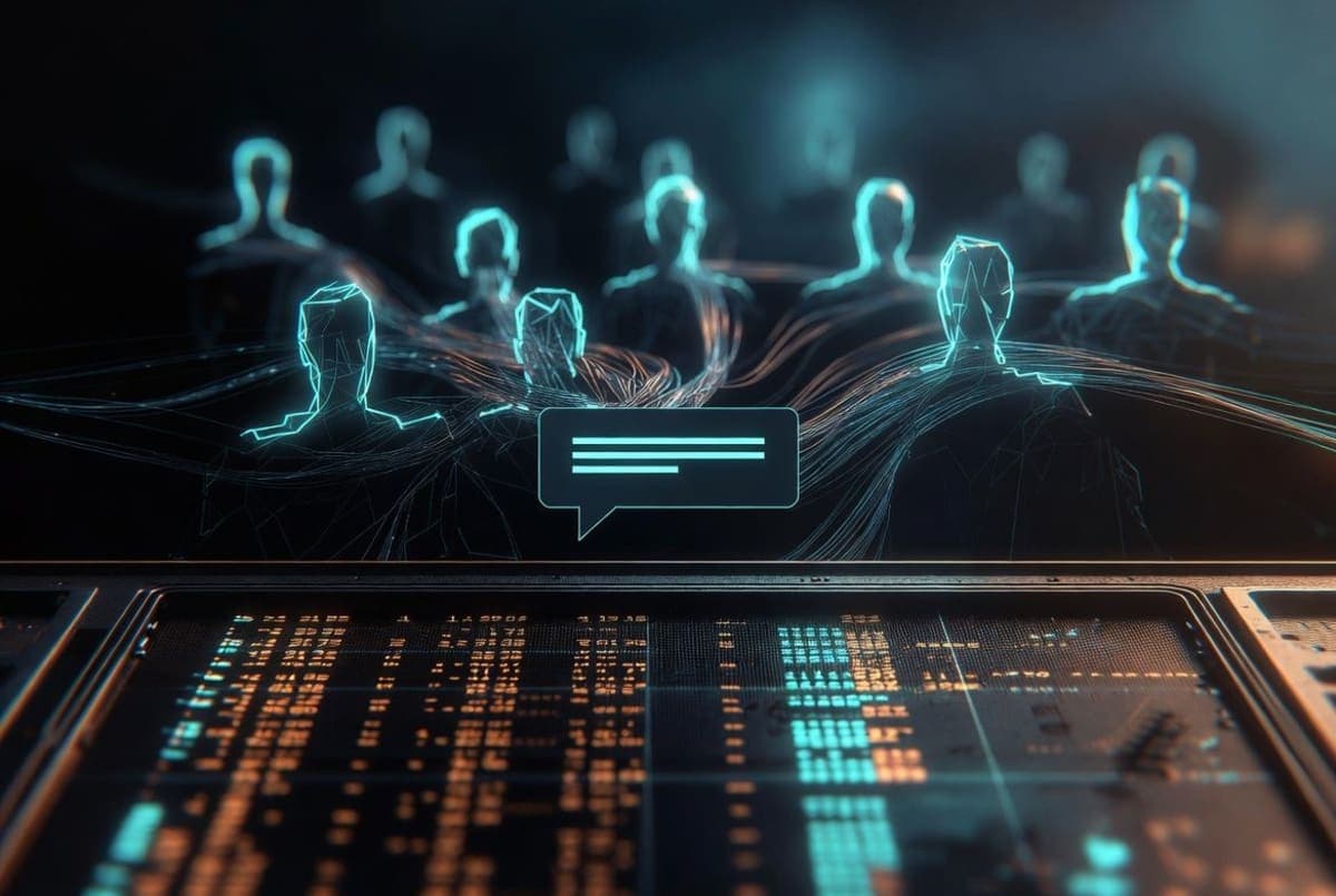 Bloomberg Terminal-style trading workstation with multiple data screens and a conversational chat interface overlay
