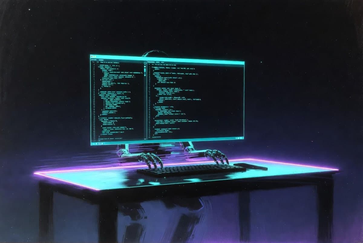 Terminal window glowing on a dark desk with code lines and a small robot icon at the cursor, suggesting AI-assisted development