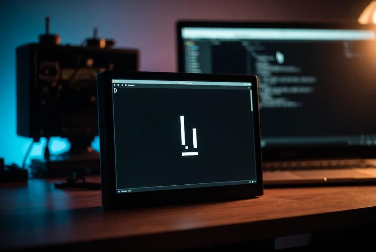Empty terminal window beside a laptop displaying a darkened code repository page
