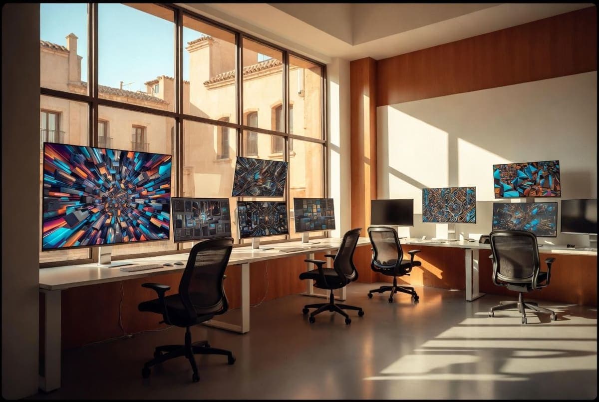 Modern Mediterranean tech office workspace with monitors displaying generative AI imagery at sunset