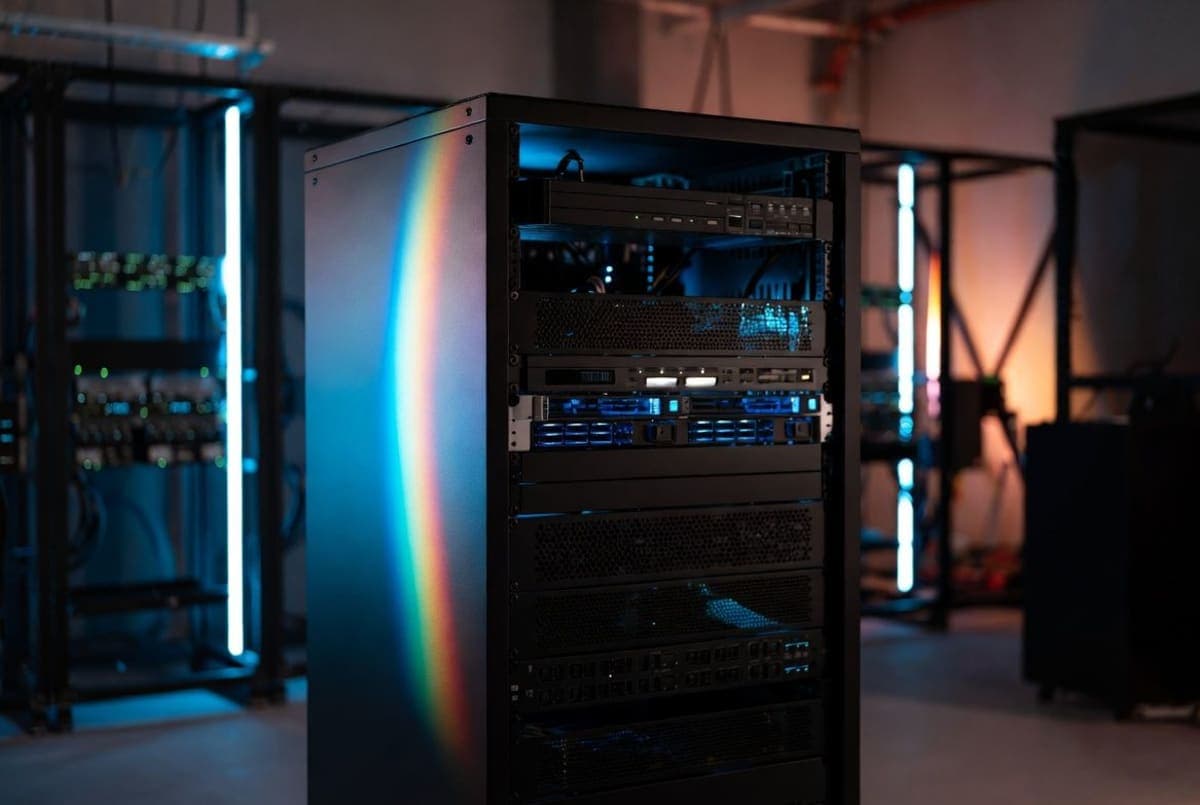 Abstract visualization of a neural network with dense interconnected nodes in blue and orange, suggesting a unified AI model architecture