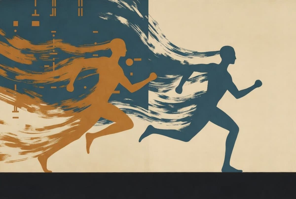 Abstract editorial illustration of two parallel AI systems running in tandem, one fast and one deliberate