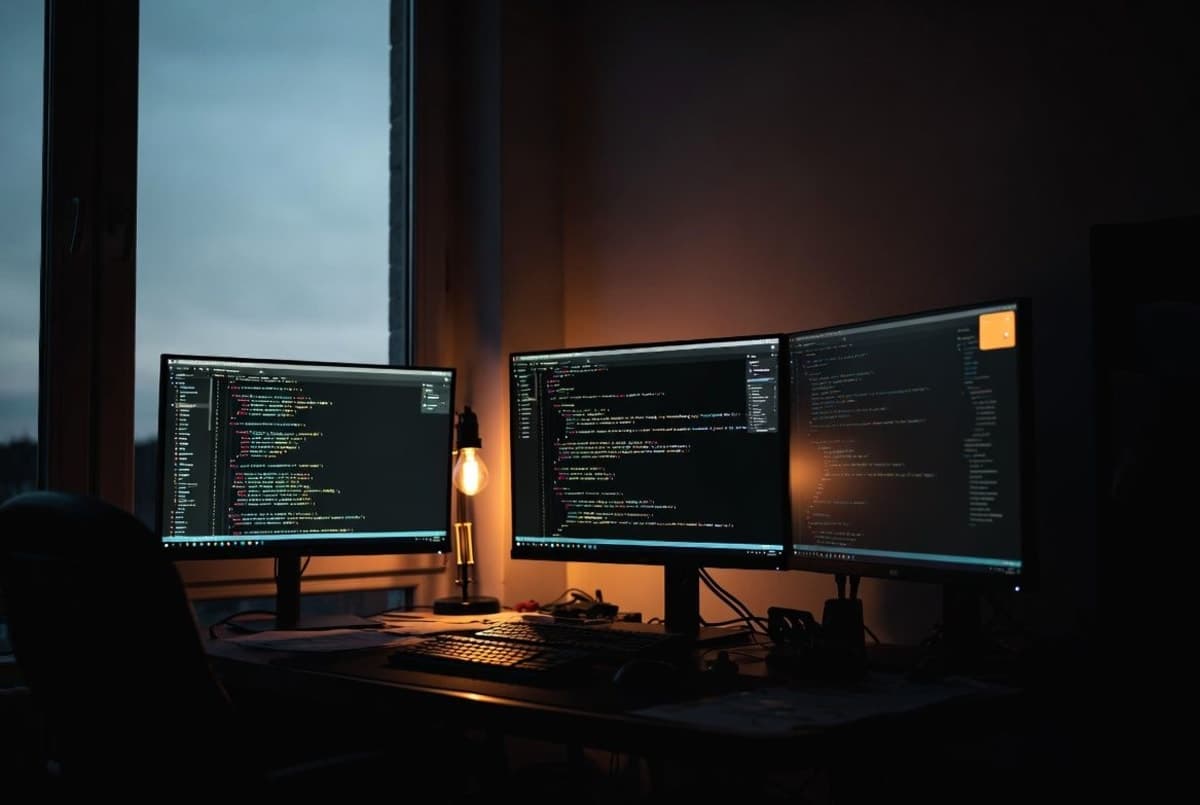 Developer workstation with multiple monitors showing code in dim lighting, a single desk lamp casting warm shadows