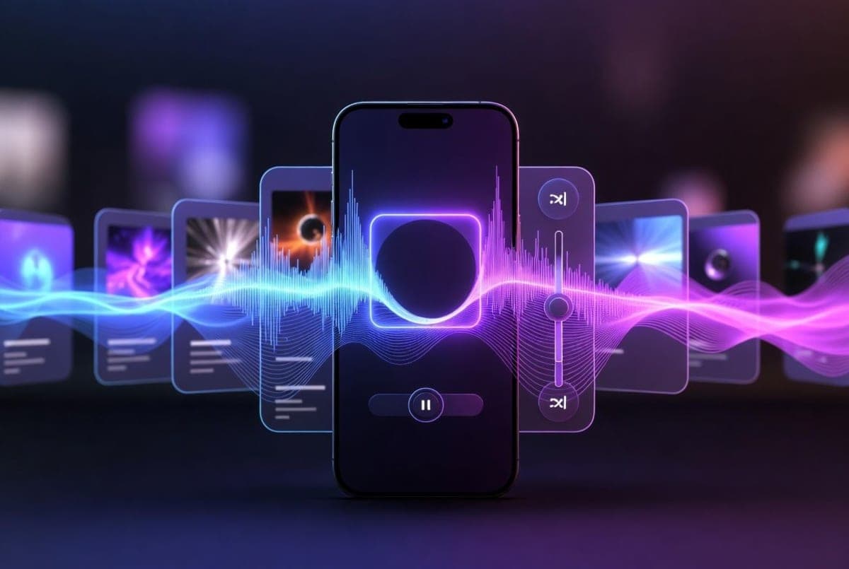Smartphone screen showing an AI music app with sound waves and remix controls