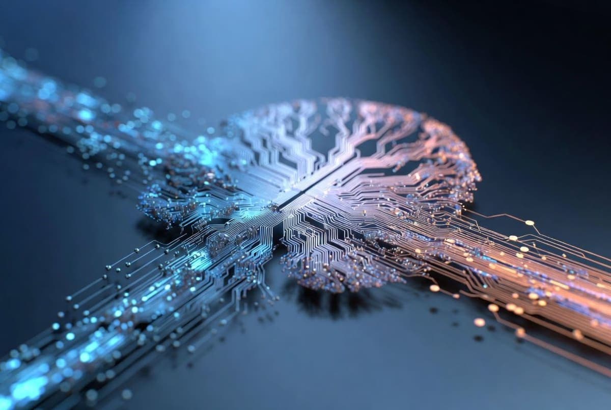 Abstract tech illustration of two data pipelines converging into a central AI processing node