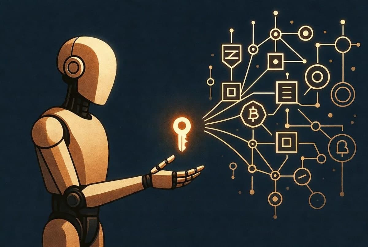 Stylized illustration of a robotic AI agent passing a glowing key to a network of distant nodes