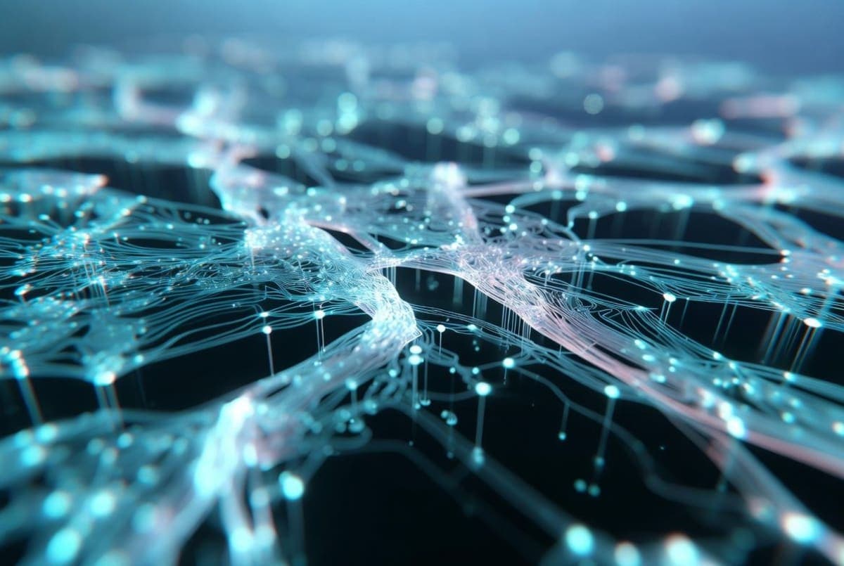 Abstract translucent neural network with discrete glowing feature nodes highlighted across its layers, suggesting model internals being made visible
