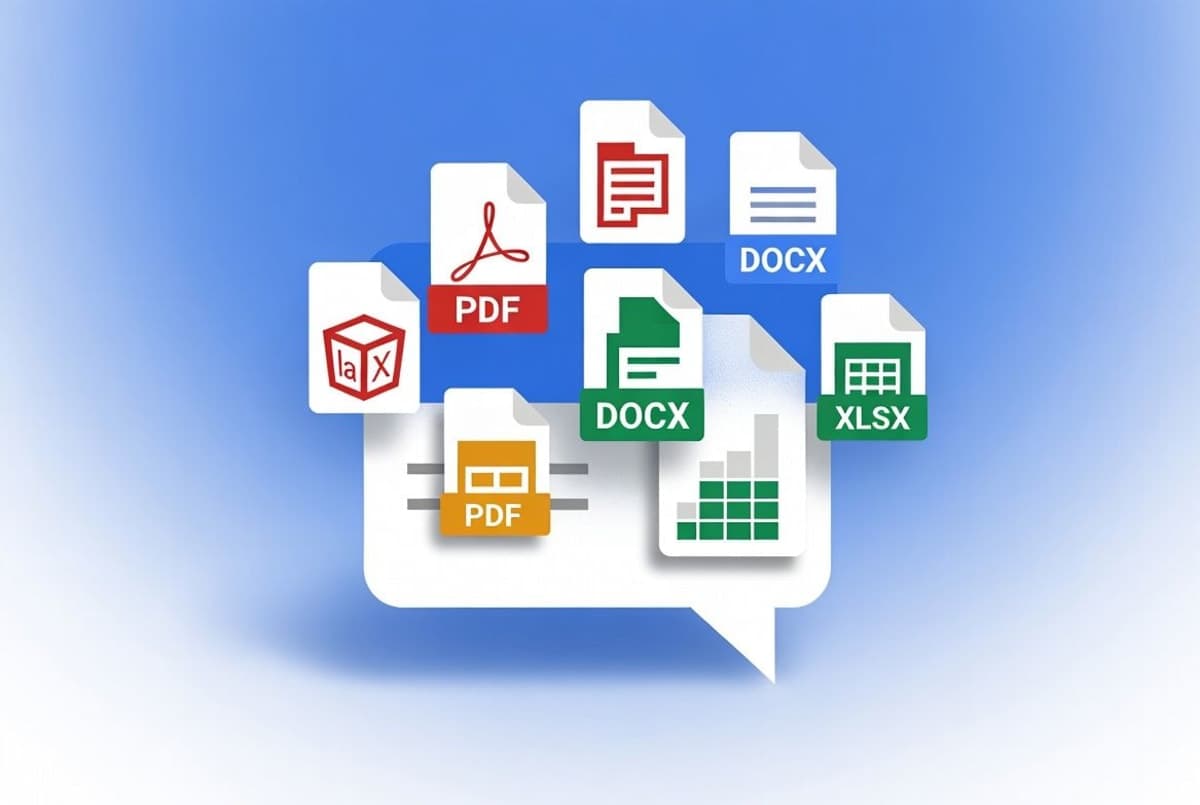 Stylized chat interface with document icons for PDF, Word, and Excel emerging from a conversation bubble
