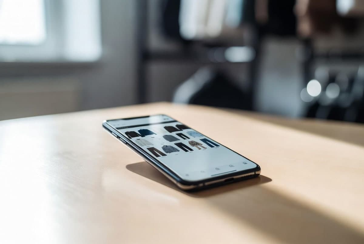 Smartphone displaying a grid of clothing items on a clean wooden surface, evoking a digital wardrobe interface