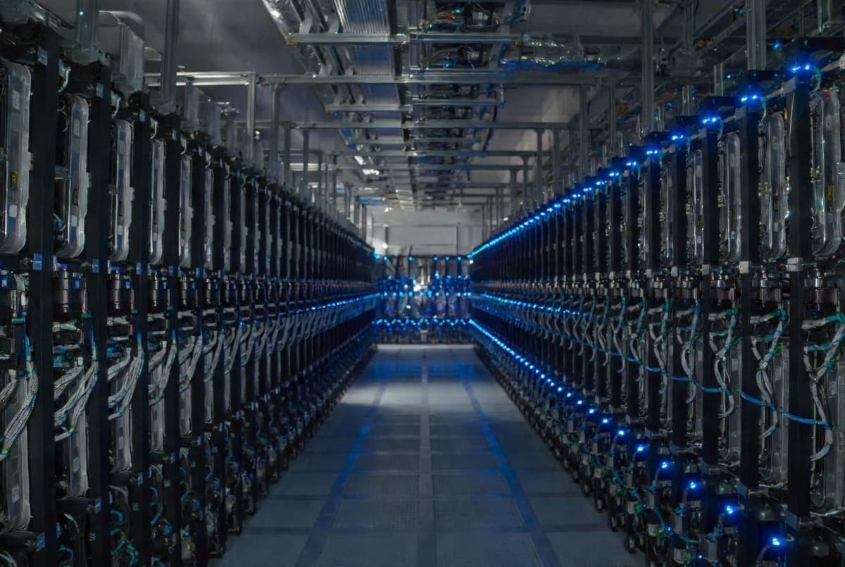 Long row of server racks inside a dim AI data center, with only some equipment lit