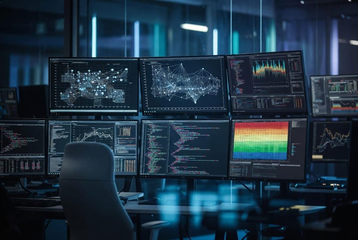 Dimly lit security operations center with rows of monitors displaying code, network maps, and threat dashboards, illuminated by blue and teal screen glow