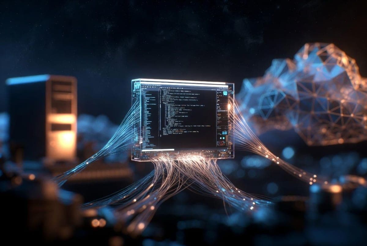 Editorial illustration of a glowing Ubuntu terminal floating between a desktop computer and an abstract cloud, representing a persistent virtual machine.