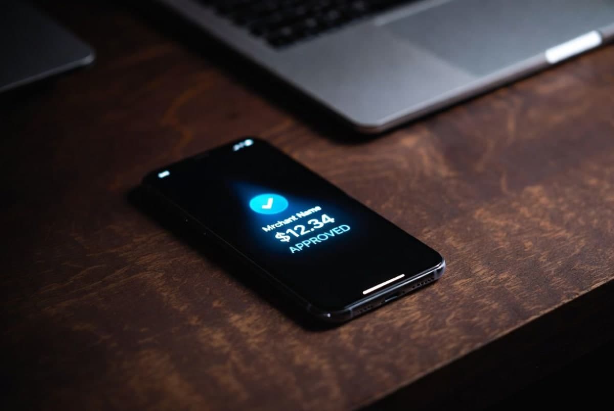 Smartphone showing a Stripe Link payment approval notification triggered by an AI shopping agent, on a dark desk