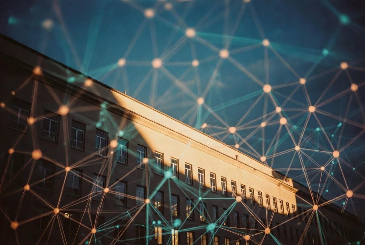 The Pentagon building photographed at dusk with subtle digital network patterns overlaid