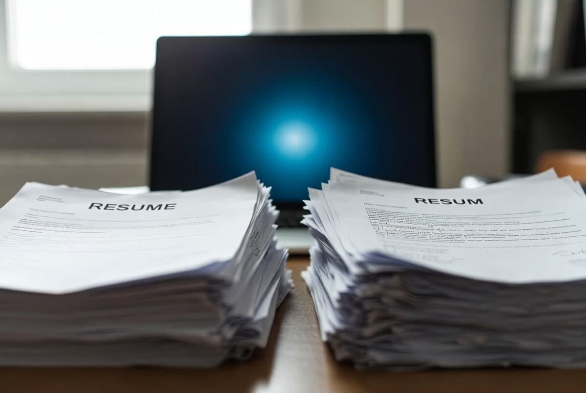 Two stacks of resumes on a desk with a laptop screen casting blue light over them in a dim office