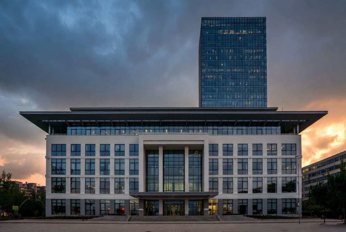 Modern Chinese courthouse exterior at dusk with tech district skyline in background