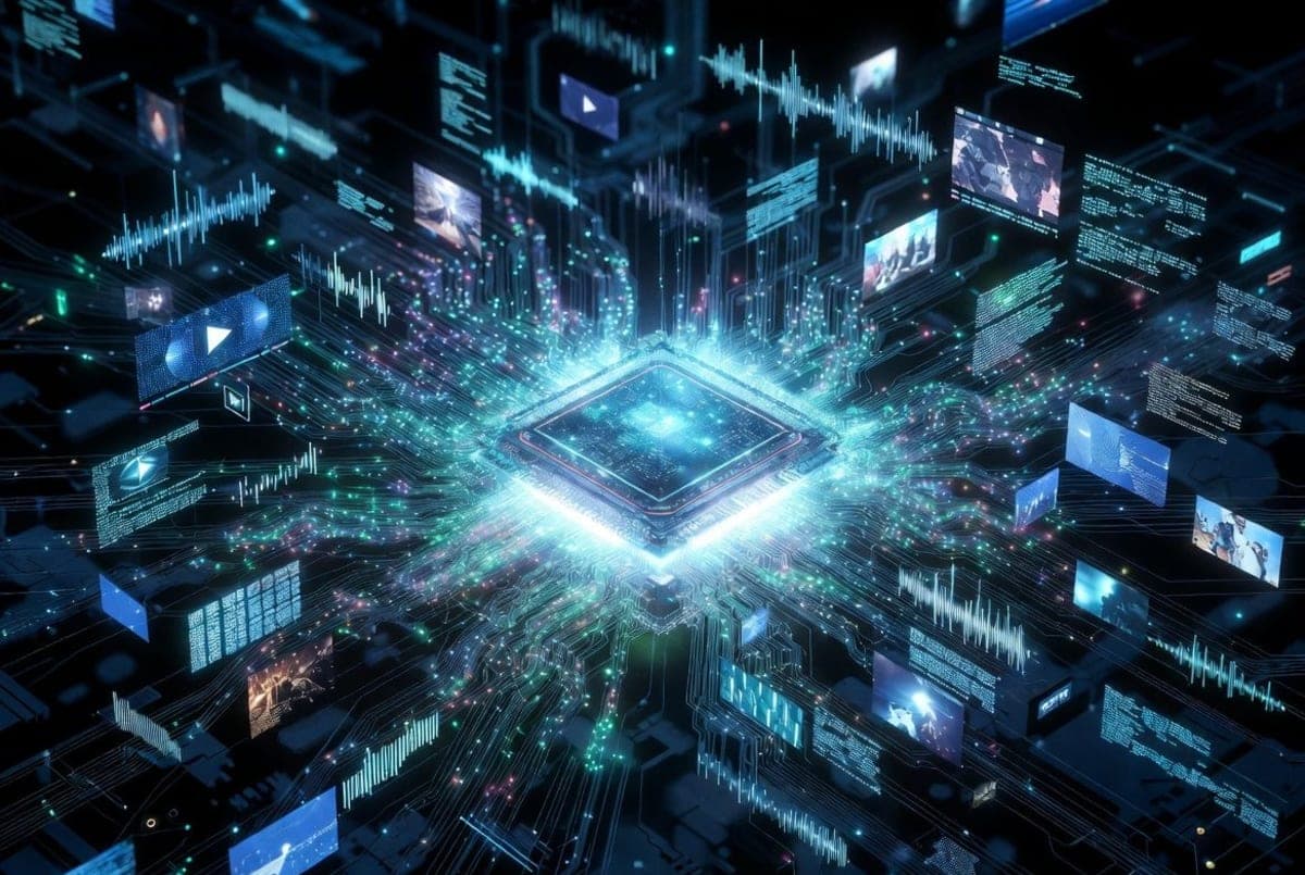Abstract visualization of converging video, audio, image and text data streams flowing into a single processor core