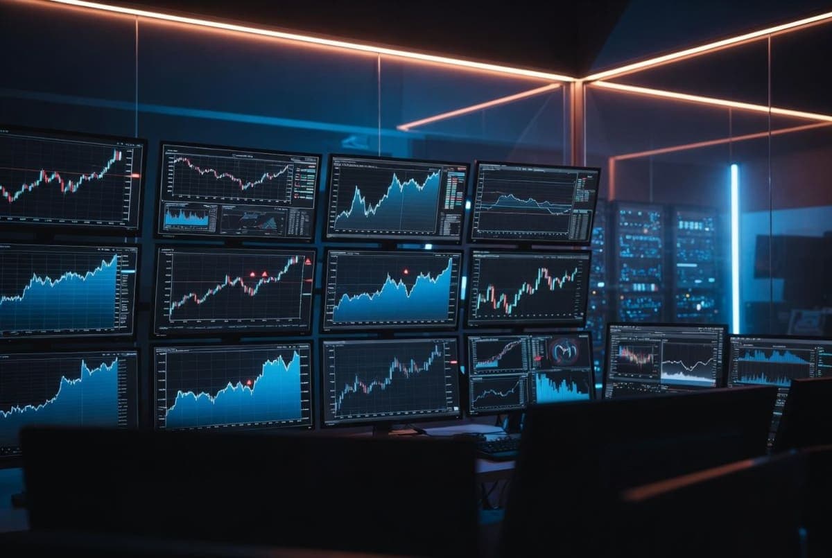 Dimly lit corporate finance war room at night with a wall of monitors showing upward-trending blue line graphs and red warning indicators, server racks visible through a glass wall in the background