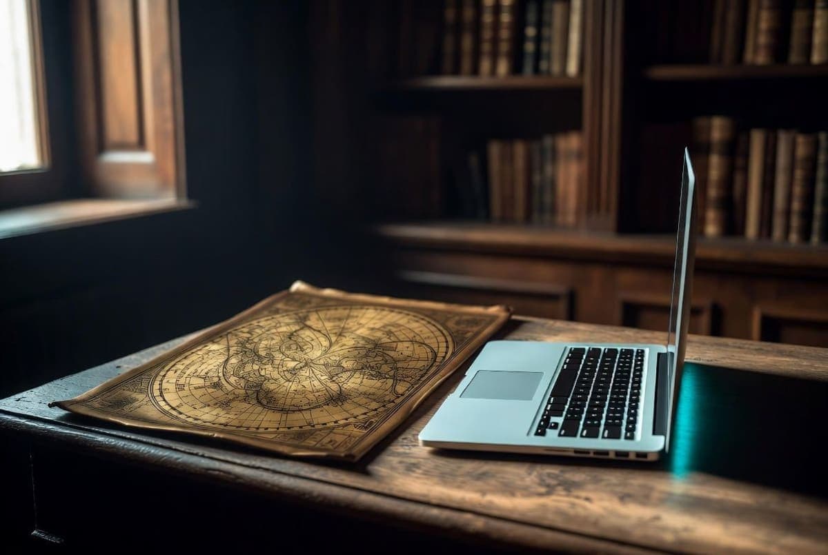 An antique brass star map on a wooden desk beside a closed laptop emitting blue light from its hinge, evoking a dialogue between old and new ways of understanding mind