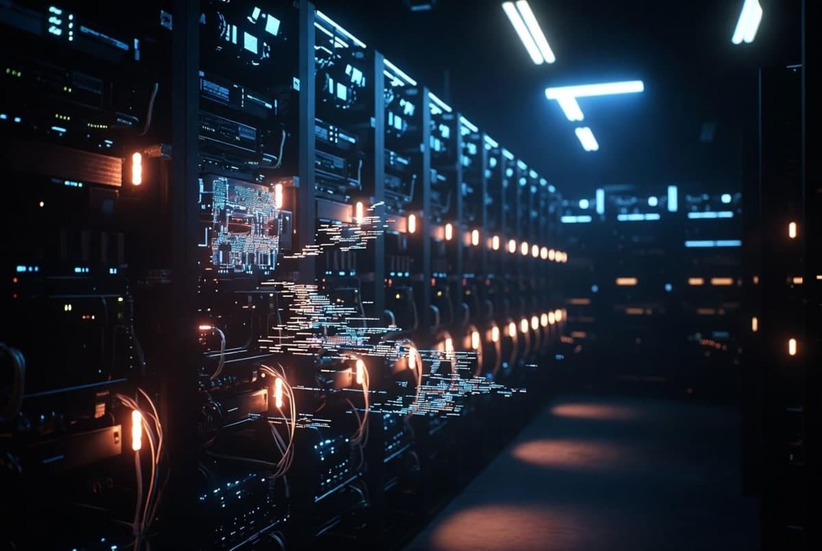 Server rack with GPU clusters and abstract glitch artifacts overlaid on data streams