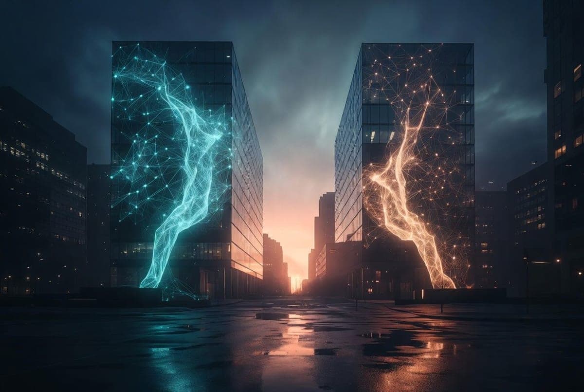 Two corporate skyscrapers facing each other across a financial district at dusk, with abstract neural network patterns overlaid on the buildings